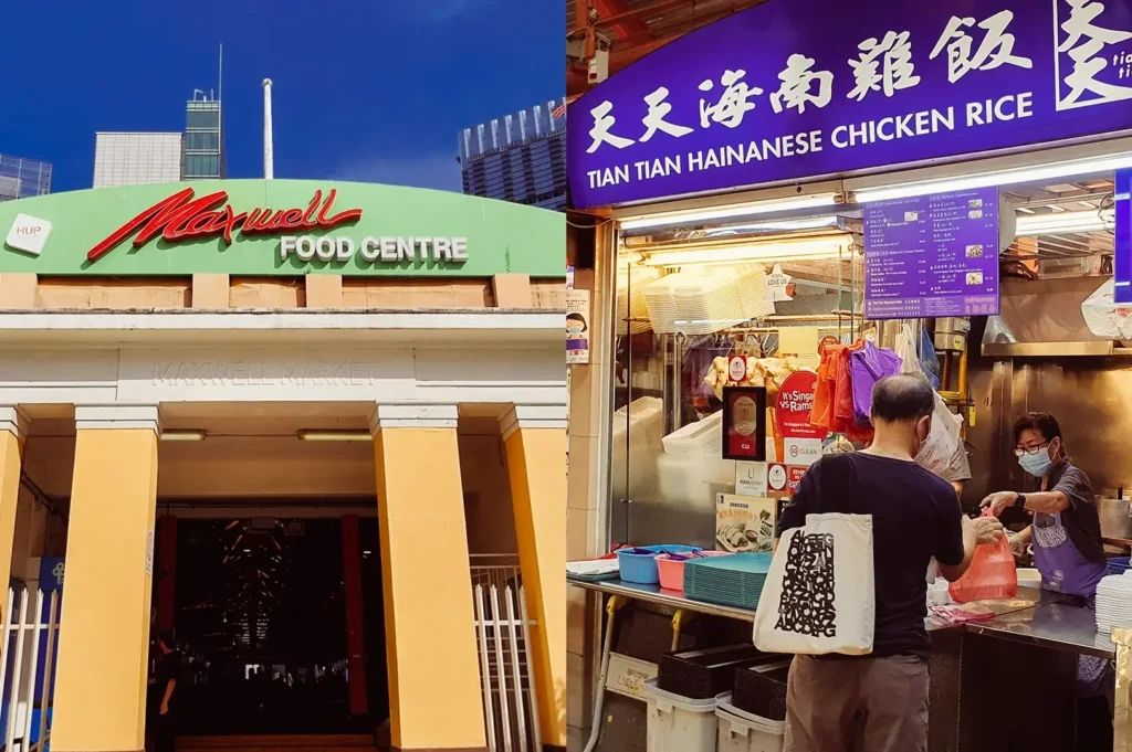 Eye‑level exterior daytime shot of Old Airport Road Food Centre with iconic signage, stairways, and surrounding neighborhood buildings. Right: Eye‑level interior shot of Nam Sing Hokkien Fried Mee stall showing cooks at work and brightly lit menu displays.