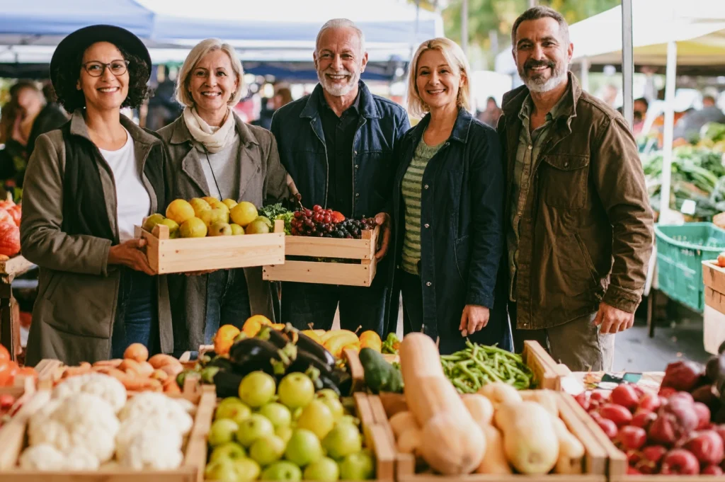 Eye-level medium group shot of local shoppers holding wooden crates of fresh fruits at a farmers market, representing community bonding, support for local farmers, and neighborhood market culture