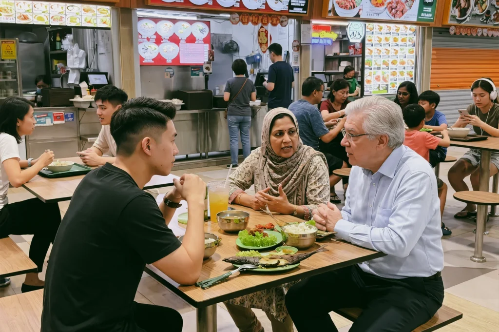 Wide-angle eye-level shot of people sharing a meal at a Singapore hawker center, seated at communal tables with various hawker dishes, reflecting community dining and neighborhood food traditions.