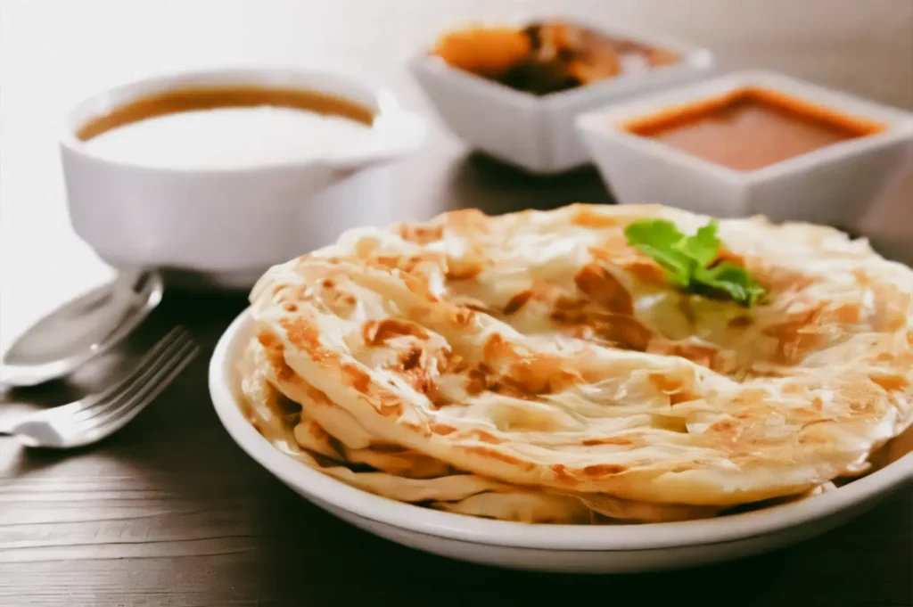 Fresh roti prata served with curry and teh tarik in Singapore hawker setting, fluffy layered flatbread with dipping sauces, 45-degree angle lifestyle food shot
