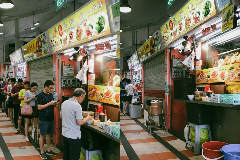 Split image showing a busy lunch queue at a Singapore hawker stall on a weekday contrasted with a quieter weekend lunchtime scene.