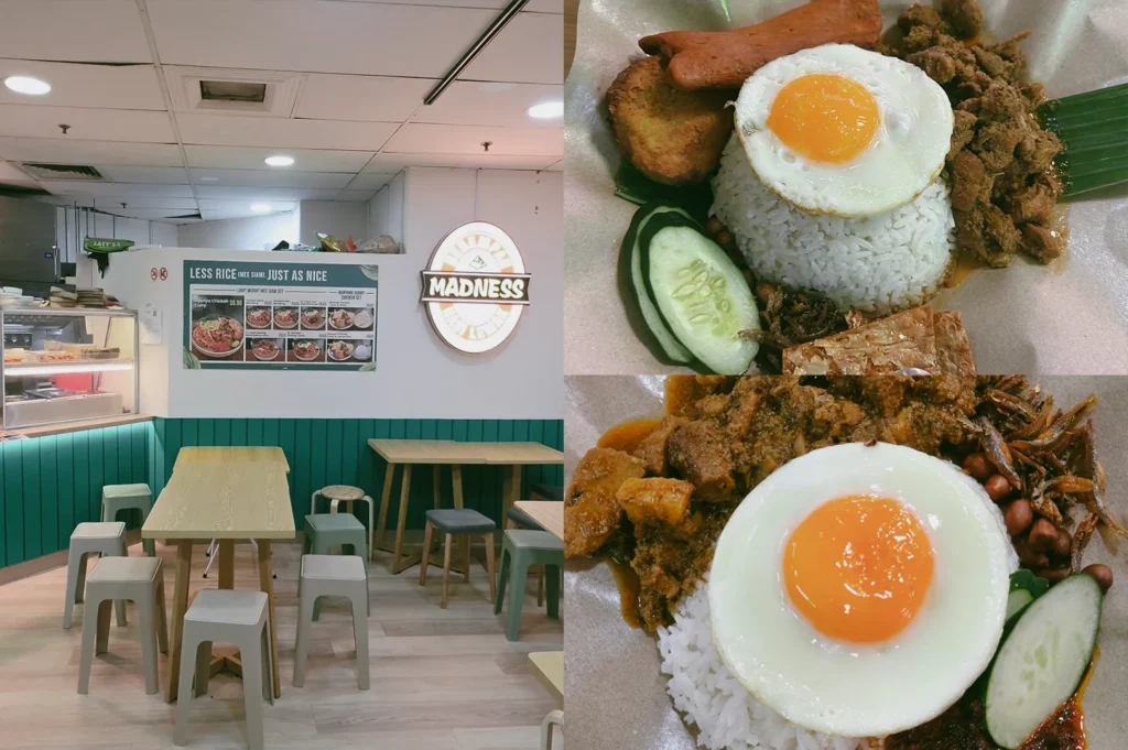 “Wide-angle, eye-level view. Left: Madness Nasi Lemak casual dining interior with light wood tables, stools, a service counter, menu display, illuminated restaurant logo, and clean modern décor under bright overhead lighting. Upper Right: Top-down close-up of nasi lemak served on brown paper, featuring a mound of white rice topped with a sunny-side egg, accompanied by cucumber slices, peanuts, fried anchovies, sambal, a fried patty, and additional side items, highlighting crisp textures and balanced presentation. Lower Right: Close-up of pork rendang nasi lemak with white rice crowned by a sunny-side egg, surrounded by rich rendang gravy, pork pieces, peanuts, fried anchovies, sambal, and cucumber slices, emphasizing the dish’s deep colors and hearty textures.”