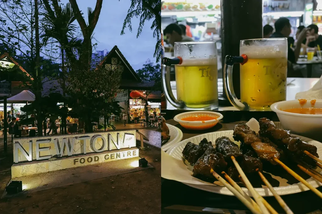 Left: Wide‑angle exterior night shot of Newton Food Centre entrance with illuminated signage, trees, and evening crowd activity. Right: Close‑up food shot of grilled satay skewers and iced beer mugs on a hawker table, highlighting popular Singapore street food.