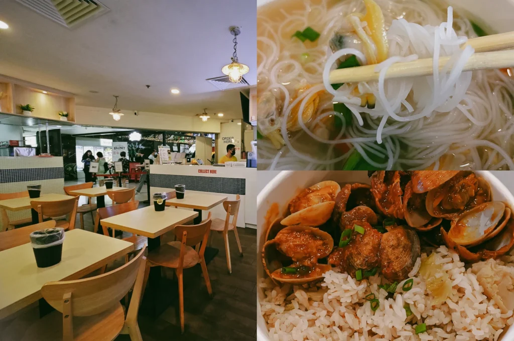 “Wide-angle, eye-level view. Left: Wawa Lala Bee Hoon restaurant dining area with wooden tables and chairs, pendant lighting, a service counter, and a clean contemporary interior designed for casual dining. Upper Right: Close-up of bee hoon soup with thin rice vermicelli noodles lifted by chopsticks above a light broth containing shellfish and green garnish, emphasizing delicate strands, clear broth, and fresh ingredients. Lower Right: Close-up of sambal clams served over white rice, featuring open clam shells coated in a glossy reddish-brown sambal sauce with chopped green garnish, highlighting rich textures, vibrant colors, and generous portions.”