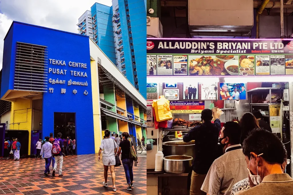 Low‑angle exterior daytime shot of Tekka Centre with bold blue and yellow facade and visitors walking toward the entrance. Right: Eye‑level interior shot of a popular briyani food stall with menu boards, cooking area, and customers queuing.