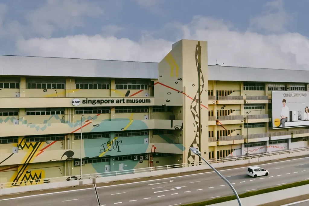 Wide-angle view of Singapore Art Museum at Tanjong Pagar Distripark, featuring industrial architecture transformed into a contemporary cultural space