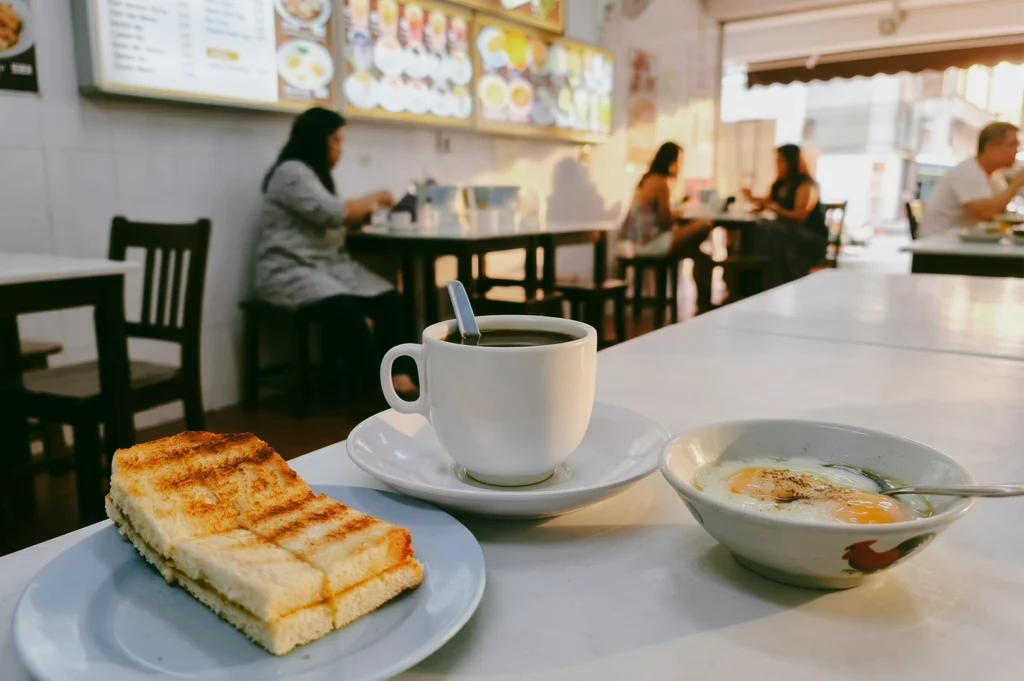 Traditional Singapore kopitiam breakfast with kaya toast, soft‑boiled eggs and kopi served in ceramic cup on marble table – eye-level close-up shot with shallow depth of field in a heartland coffee shop.