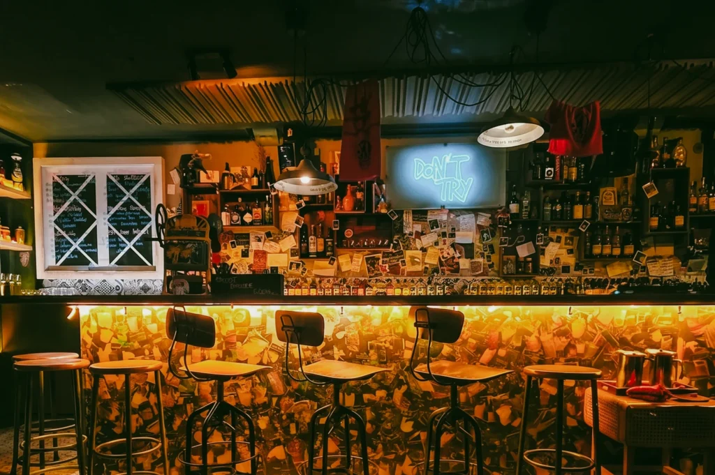 Front-facing wide shot of Sago House cocktail bar counter with high stools, backlit bottles, eclectic decor, and neon sign in a lively Duxton Hill Singapore bar