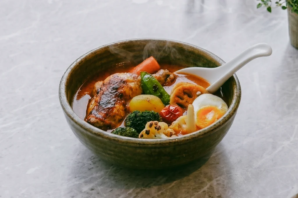Steaming Japanese-style soup curry with roasted chicken, soft-boiled egg, lotus root, broccoli, and mixed vegetables in aromatic turmeric broth, shot at a close-up three-quarter angle on a marble table.