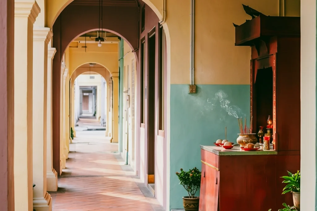 Eye-level perspective of a pastel-colored five-foot way corridor in Singapore shophouses, featuring repeating archways leading into the distance, with a small red altar burning incense and joss sticks on the right side, soft smoke drifting into the covered walkway and warm natural light illuminating tiled flooring.