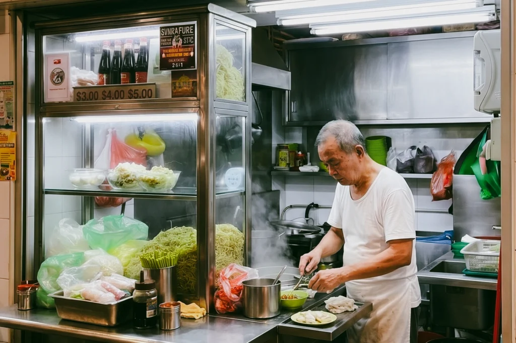 Eye-level medium shot of a traditional Singapore hawker preparing handmade fishball noodles inside a compact stainless steel stall filled with fresh ingredients at a wet market, highlighting disappearing generational recipes and authentic hawker culture