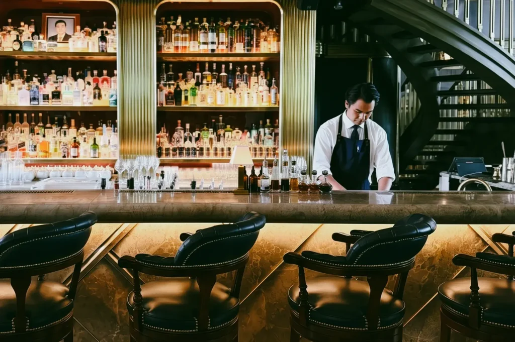 Medium-wide eye-level shot of ATLAS Bar counter featuring curated gin collection, marble bar top and upscale seating in Singapore
