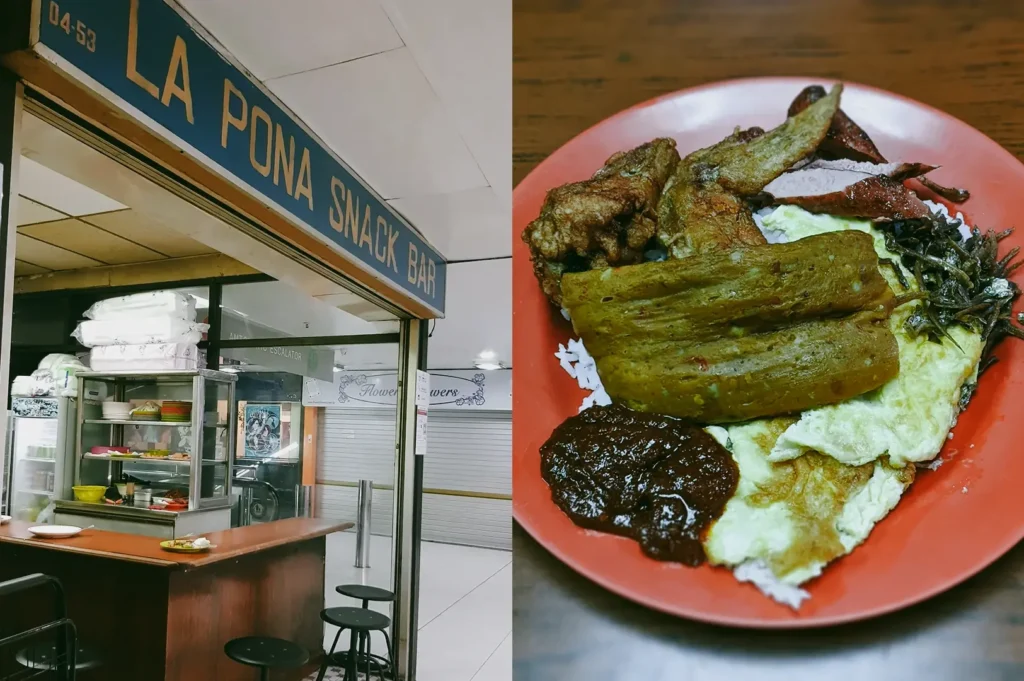 Left: Eye-level wide-angle view of ‘La Pona Snack Bar’ sign above a small, no-frills food stall with a glass display case, simple counter, and stools in a quiet indoor corridor with muted lighting; Right: Top-down close-up of a nasi lemak platter on a red plate featuring coconut rice, fried chicken wings, otah, egg, anchovies, and sambal, highlighting rich textures and contrasting colors on a wooden tabletop.