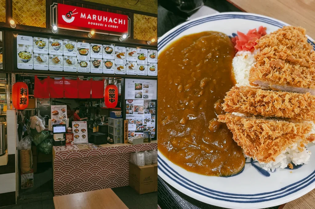 Left: Eye-level street-facing view of a compact Japanese eatery storefront with a bright red sign reading ‘MARUHACHI DONBURI & CURRY,’ illuminated menu boards displaying food photos above the counter, red lanterns, and a small service area with equipment and containers; Right: Close-up three-quarter angle of a Japanese curry rice plate with golden-brown breaded cutlet slices, white rice, and thick brown curry sauce, accompanied by pink pickled garnish on a patterned ceramic plate.