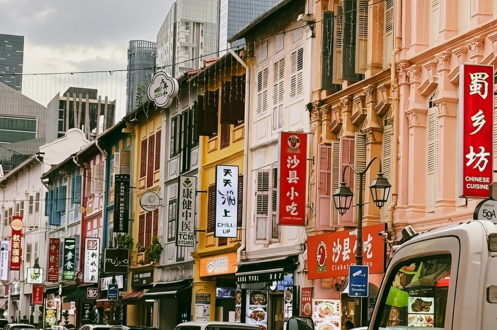 Eye-level medium shot of Chinatown Singapore shophouses with colorful facades, traditional Chinese signage, street lanterns, and modern buildings in the background highlighting cultural heritage.