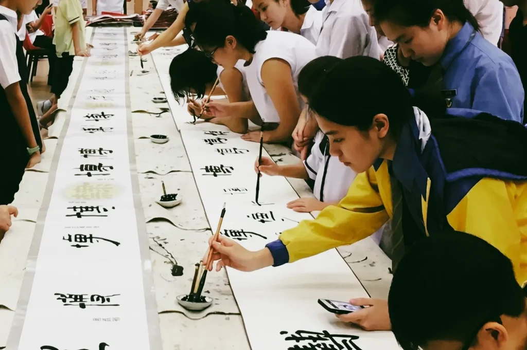 High-angle wide shot angle of a long table filled with students practicing Chinese calligraphy using ink brushes, showcasing cultural heritage, group workshops, and traditional writing techniques.