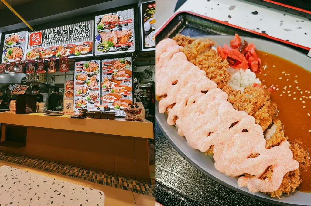 Left: Eye-level view of a food stall counter under a sign reading ‘HARU-HARU specialty in Mentaiko,’ featuring colorful menu boards with dish photos and prices, a yellow counter, and a tiled floor, with kitchen equipment and staff partially visible behind; Right: Close-up angled view of a Japanese curry plate topped with breaded cutlet pieces drizzled in a light-colored creamy sauce, alongside white rice, red pickled garnish, and thick curry sauce, all presented on a dark textured tray.