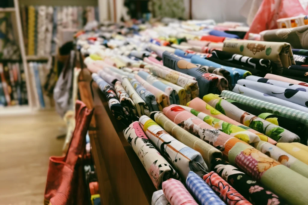 A close-up, shallow depth-of-field three-quarter shot displaying rolls of vibrant, multi-colored patterned textiles and fabrics stacked tightly together on a wooden display shelf inside a fabric shop.