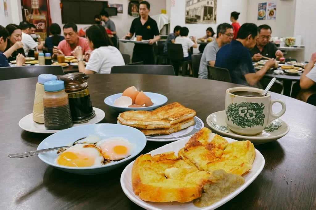 Top-angled medium shot of Singapore kopitiam breakfast spread including kaya toast, soft‑boiled eggs, kopi and condiments with busy dining crowd in background.