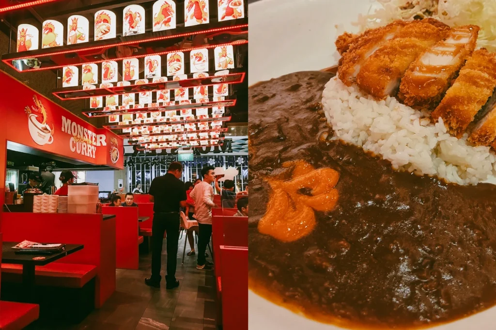 Left: Wide-angle eye-level view of a vibrant restaurant interior with bold red seating booths, a prominent ‘MONSTER CURRY’ sign on a red wall, and a ceiling decorated with rows of illuminated panels featuring illustrated graphics, with multiple diners and staff visible among tables under warm overhead lighting; Right: Close-up three-quarter view of a Japanese curry dish with golden-brown breaded cutlet slices arranged over white rice, partially covered in thick dark curry sauce with visible chunks, served on a white plate with soft, glossy texture in the sauce.