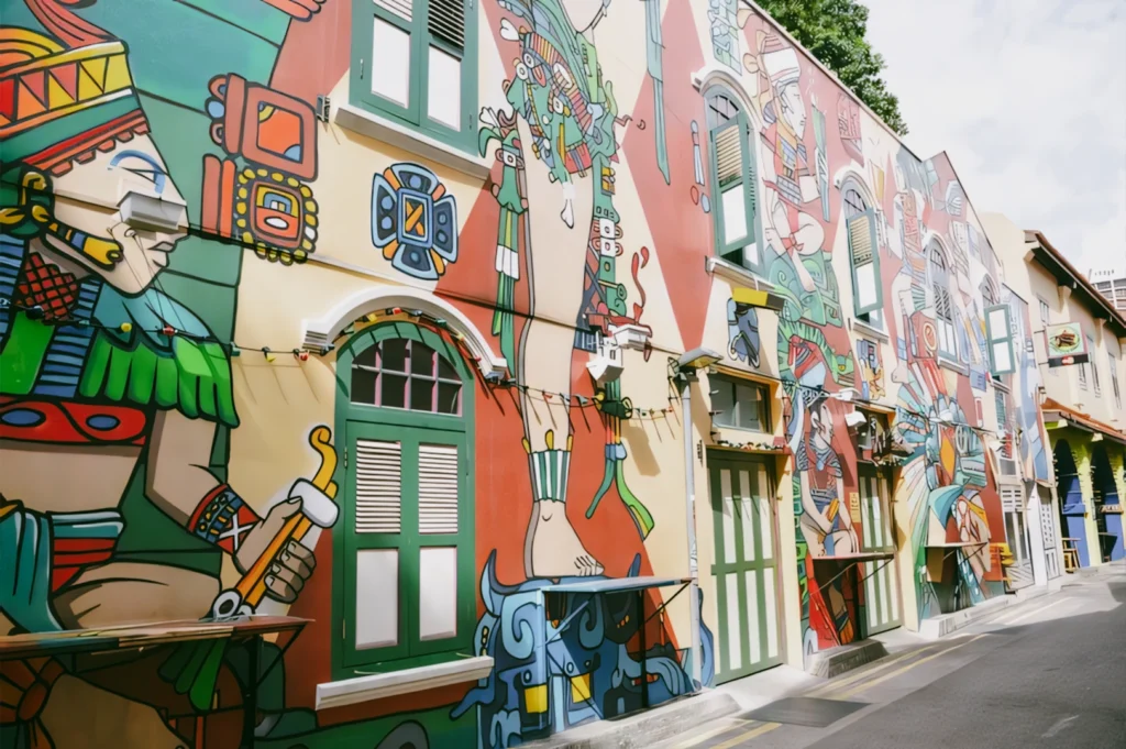 A three-quarter, wide-angle shot capturing a narrow street alleyway lined with shophouses covered in massive, multicolored street art murals depicting stylized Indigenous and cultural figures.