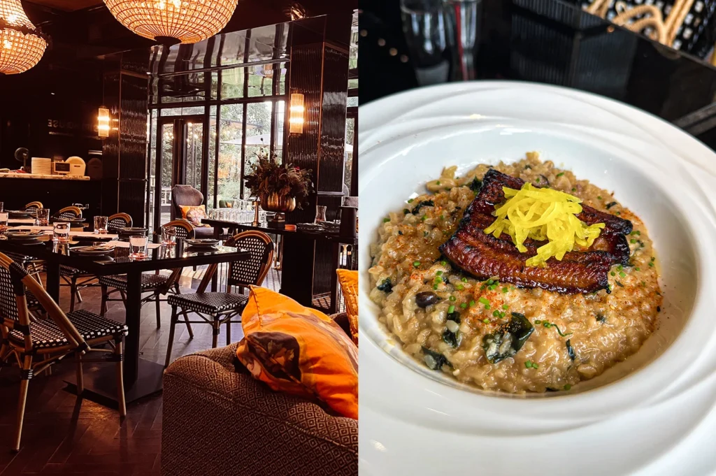 Left: Wide-angle, eye-level view of an upscale restaurant interior featuring dark wood tables, woven bistro-style chairs, and orange accent pillows, illuminated by large woven pendant lamps and wall sconces, with glass doors and windows revealing greenery outside, and neatly set place settings adding a polished, intimate dining atmosphere; Right: Close-up, slightly top-down view of a plated risotto in a white bowl, topped with a caramelized grilled item and bright yellow garnish, with visible herbs and grains creating a creamy texture under soft, ambient indoor lighting.