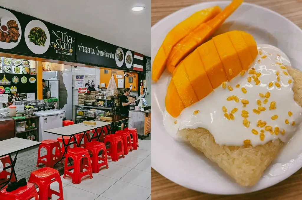 Left: Eye-level wide-angle view of a casual Thai street-style eatery stall with a green ‘Tha Siam Thai Kitchen’ sign, stainless steel prep counters, stacked ingredients, and rows of red plastic stools and narrow tables under bright indoor lighting; Right: Top-down close-up of a plated mango sticky rice dessert with sliced ripe mango, glossy coconut cream, and scattered mung beans on a white dish over a wooden table.