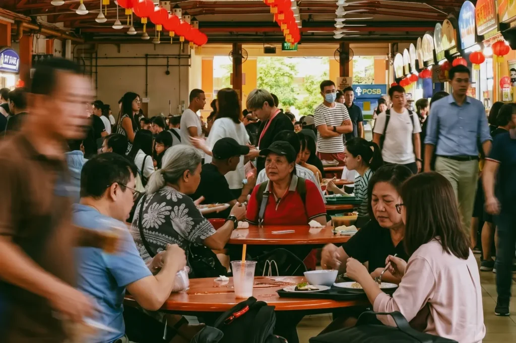 An eye-level, wide-angle shot of a vibrant row of food stalls inside a Singapore hawker centre, displaying overhead signage for fishball noodles and beverages, while a male diner wearing a blue backpack sits at a green circular table in the foreground.