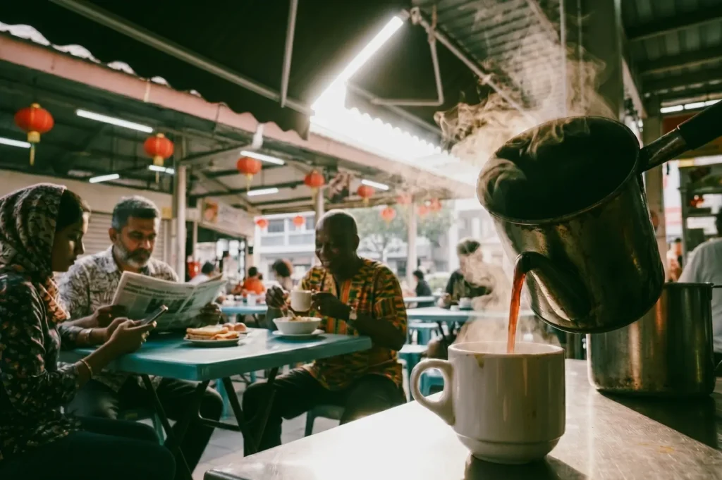 A three-quarter, close-up shot focusing on steaming dark coffee pouring from a metallic kettle into a white ceramic cup on a counter, with a blurry background showing a diverse group of locals conversing and reading newspapers at blue tables under red lanterns.