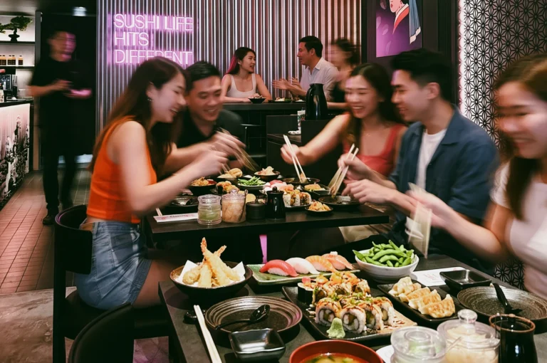 Eye-level wide-angle view of friends enjoying Japanese cuisine in a Telok Ayer restaurant with sushi platters, tempura, and vibrant neon sign ambiance