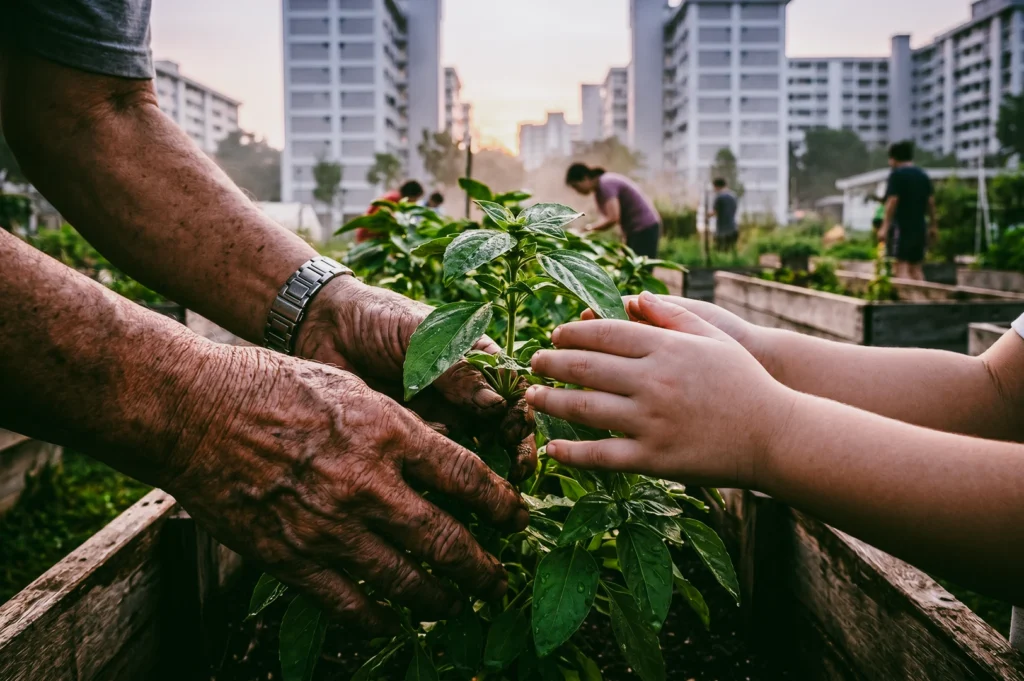 Close-up eye-level shot of older and younger hands tending a green plant in a Singapore community garden, with urban apartments and neighbors gardening in the background, symbolizing intergenerational bonding and everyday community connection