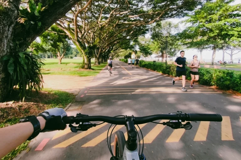 POV wide-angle shot: Cyclist’s view along the scenic East Coast Park cycling path in Singapore, featuring joggers, tree-lined avenues, morning sunlight, and an active outdoor lifestyle by the waterfront.