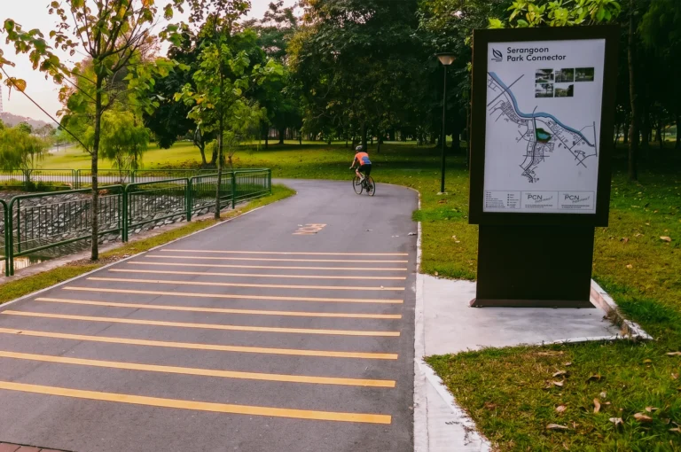 Eye-level wide-angle view of a cyclist riding along the Serangoon Park Connector in Singapore at dawn, with tree-lined pathways, canal railings, and a Park Connector Network sign surrounded by lush greenery.