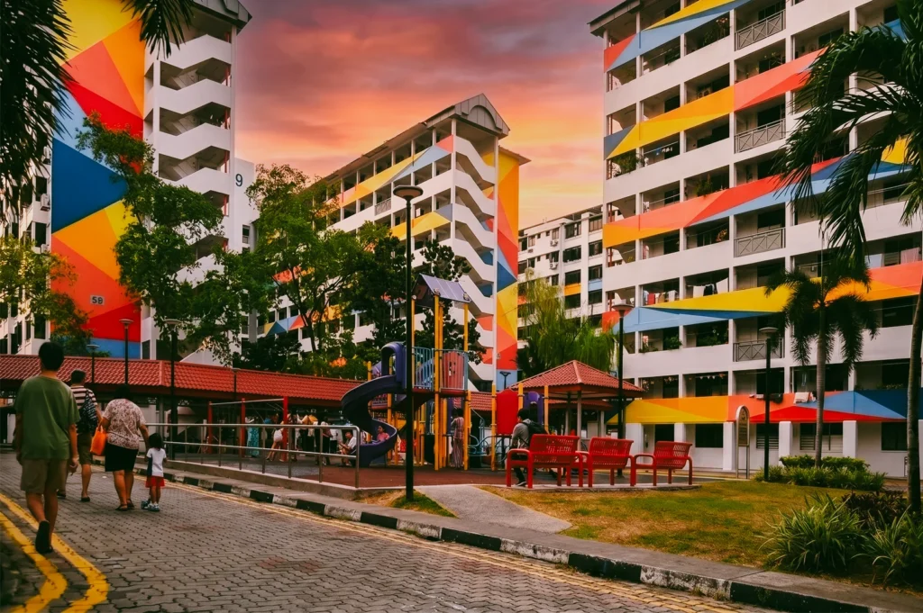 Wide-angle street-level shot of colorful Singapore HDB apartment buildings at sunset, featuring a neighborhood playground, residents walking along a paved path, vibrant mural facades, and warm golden evening light highlighting urban community life