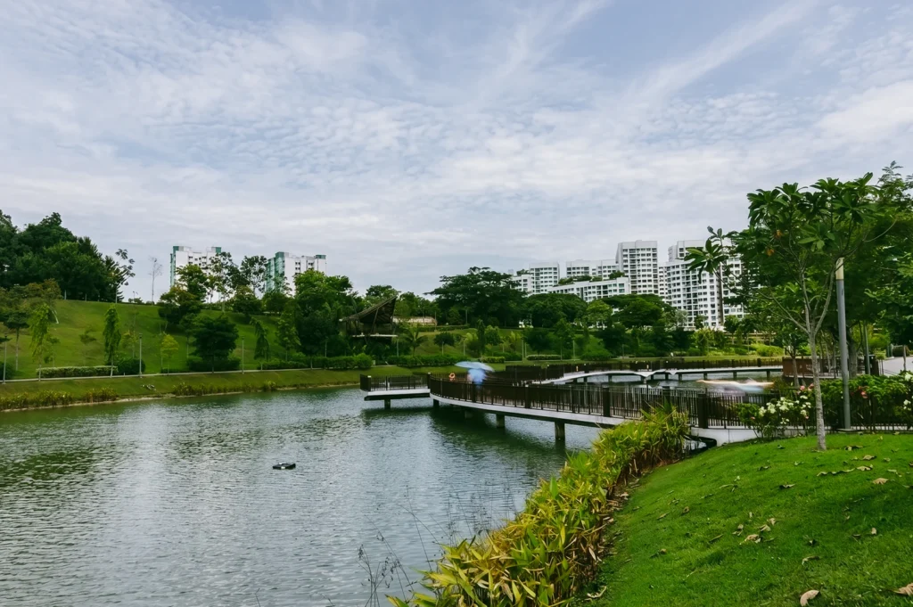 Eye-level landscape shot of Punggol Waterway Park with scenic lake, curved pedestrian bridge, and lush green parkland, highlighting eco-friendly waterfront living and sustainable urban planning in Singapore