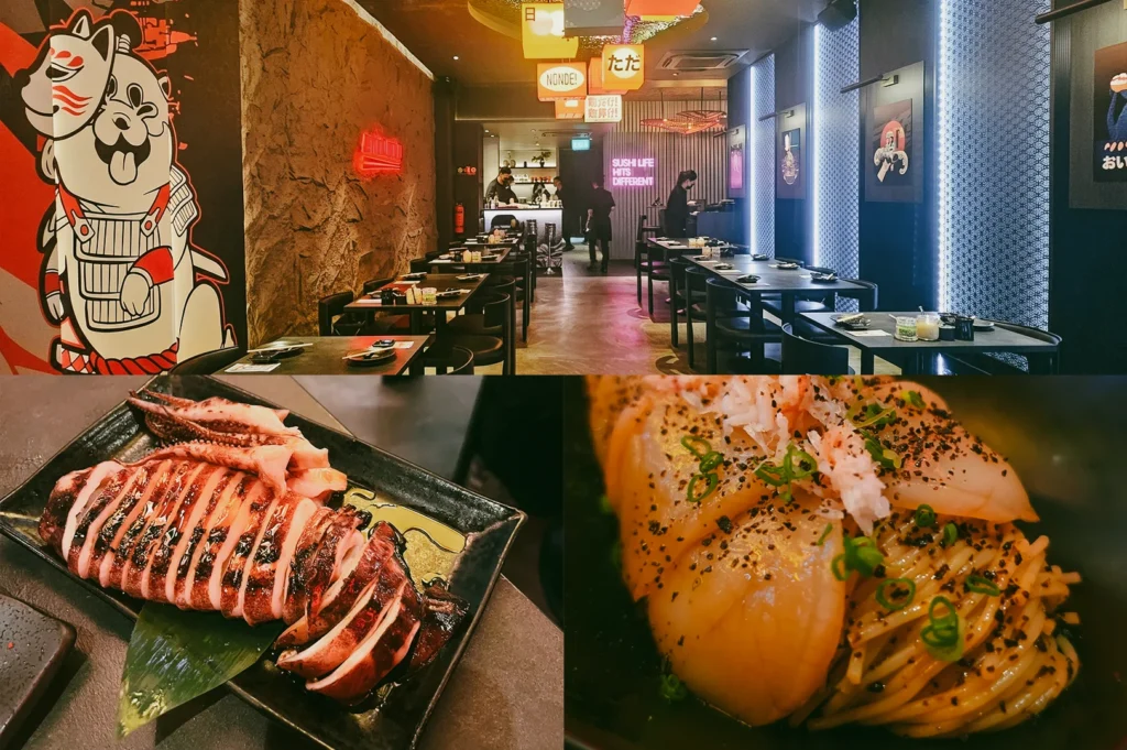 Upper Image: wide-angle eye-level shot of a modern restaurant interior featuring long rows of tables, wall art with bold graphics, hanging signage, and mixed warm and cool lighting illuminating a sleek dining space. Lower Right: extreme close-up angle of glossy seared seafood atop a nest of thin noodles, garnished with chopped green onions and black pepper, with soft directional lighting emphasizing texture and sheen. Lower Left: close-up three-quarter angle of a grilled squid dish sliced into rings and arranged on a dark rectangular plate with sauce glistening under warm light, set on a dark tabletop.