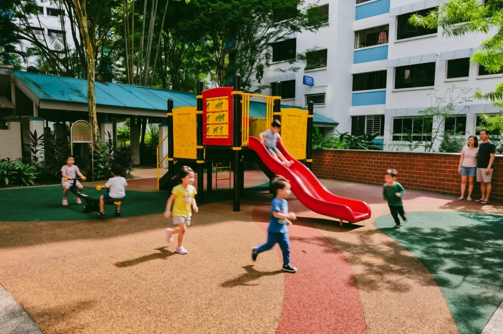 Wide-angle eye-level outdoor shot of a Singapore playground in a residential estate, with children running and playing on slides while adults observe nearby, illustrating community spaces and family-friendly urban design.
