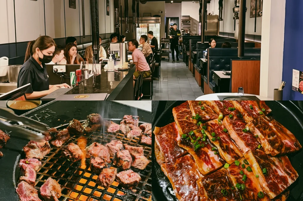 Upper Image: wide-angle eye-level view of a Korean BBQ restaurant interior with rows of dining booths, built-in tabletop grills with exhaust pipes, staff and diners seated along a clean, modern layout under bright indoor lighting. Lower Right: close-up three-quarter angle of marinated slices of raw beef laid flat on a dark plate, topped with chopped green onions and glistening sauce under soft warm lighting. Lower Left: close-up top-down angle of cubed beef grilling on a metal grate over open flames, with visible smoke and charred textures on the meat surface.