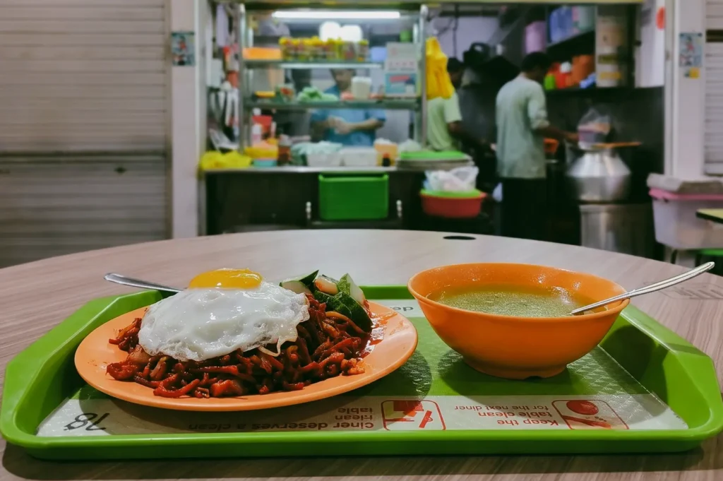 Eye-level shot of a bright orange plate filled with dark, reddish-brown mee goreng Singapore noodles, topped with a fried egg featuring a glossy, intact yellow yolk, served next to an orange bowl of broth on a green hawker centre tray with a bustling mamak stall blurred in the background.