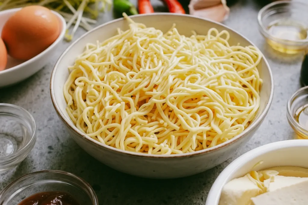 High-angle shot looking down at a speckled ceramic bowl filled to the brim with fresh, pale-yellow noodles ready to be fried, surrounded by prep bowls containing classic mee goreng mamak ingredients like fresh eggs, tofu chunks, chili paste, and sliced green aromatics on a grey surface.